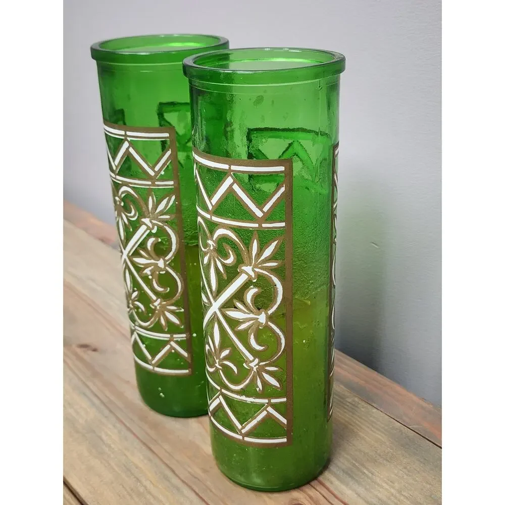 Vintage Green Glass Pillar Candles Geometric Lattice 9